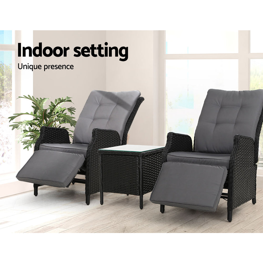 Marlook 3PC Recliner Chairs Table Sun lounge Outdoor Furniture Wicker Adjustable Black
