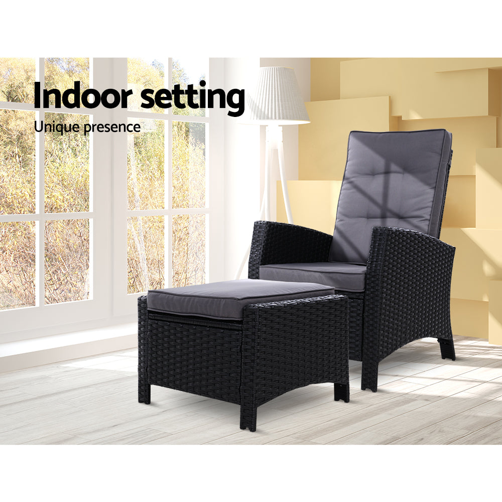 Marlook Recliner Chair Sun lounge Wicker Lounger Outdoor Patio Furniture Adjustable Black