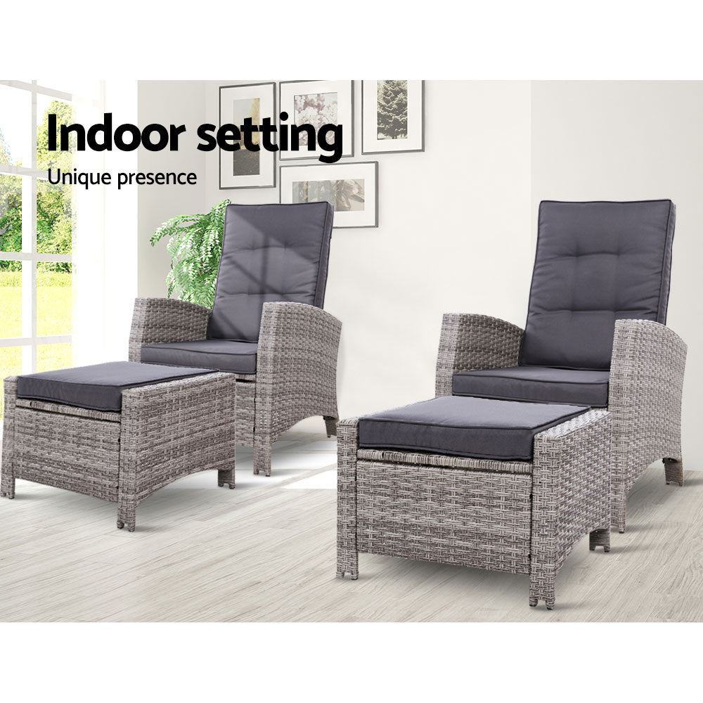 Marlook 2PC Recliner Chairs Sun lounge Wicker Lounger Outdoor Furniture Adjustable Grey