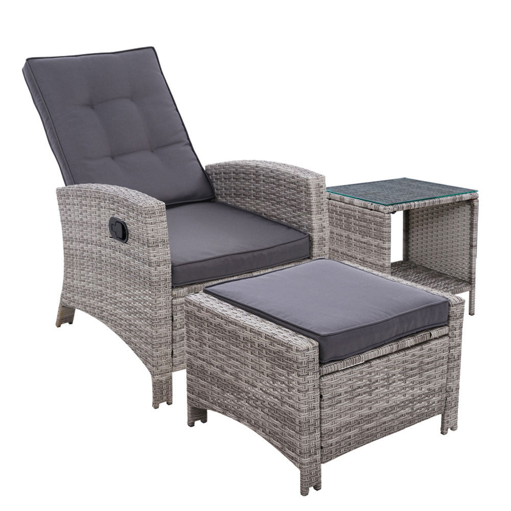 Marlook 3PC Recliner Chairs Table Sun lounge Wicker Outdoor Furniture Adjustable Grey