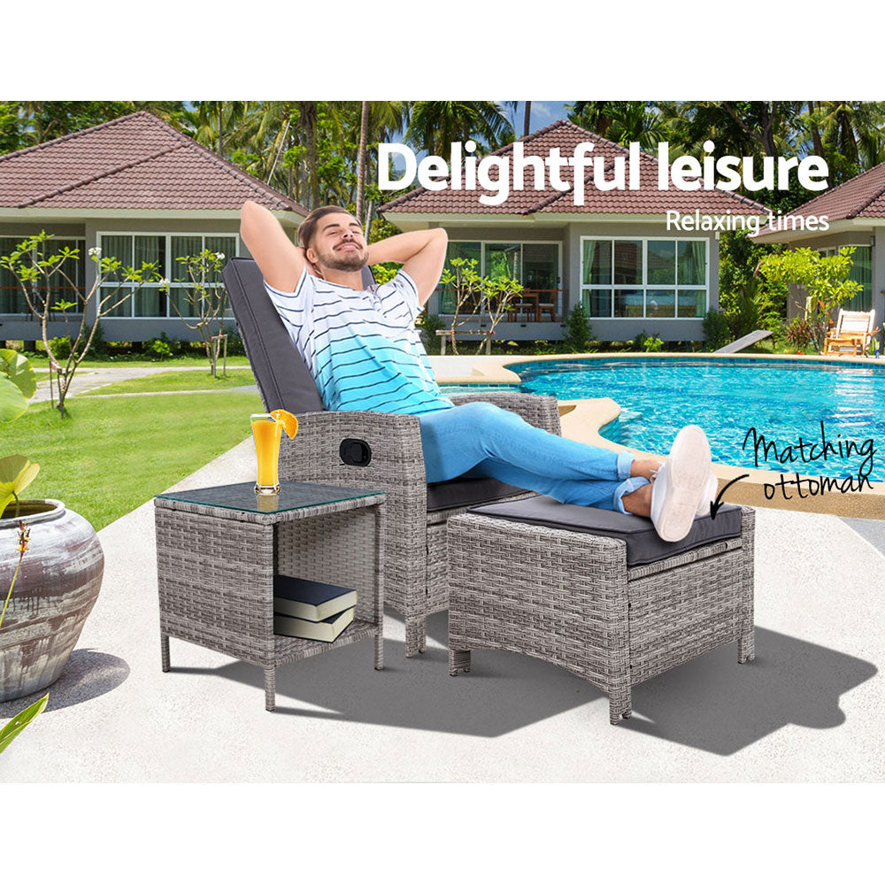 Marlook 3PC Recliner Chairs Table Sun lounge Wicker Outdoor Furniture Adjustable Grey