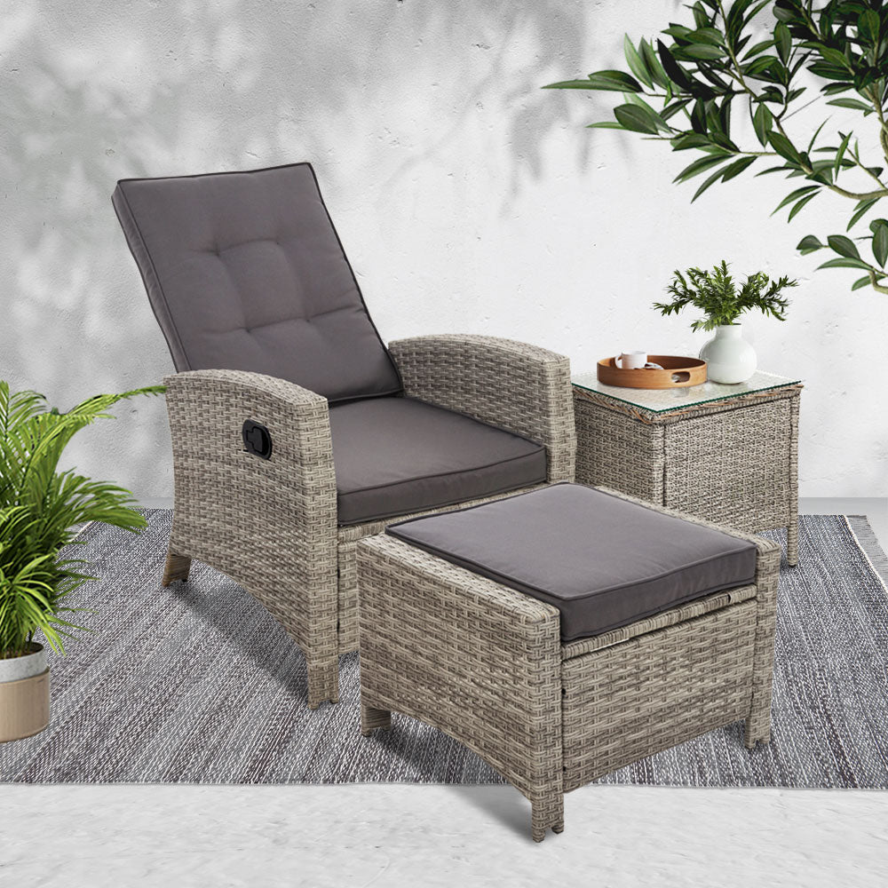 Marlook 3PC Recliner Chairs Table Sun lounge Wicker Outdoor Furniture Adjustable Grey