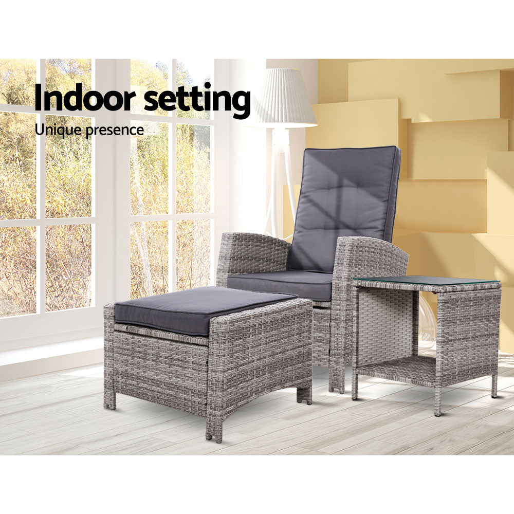 Marlook 3PC Recliner Chairs Table Sun lounge Wicker Outdoor Furniture Adjustable Grey