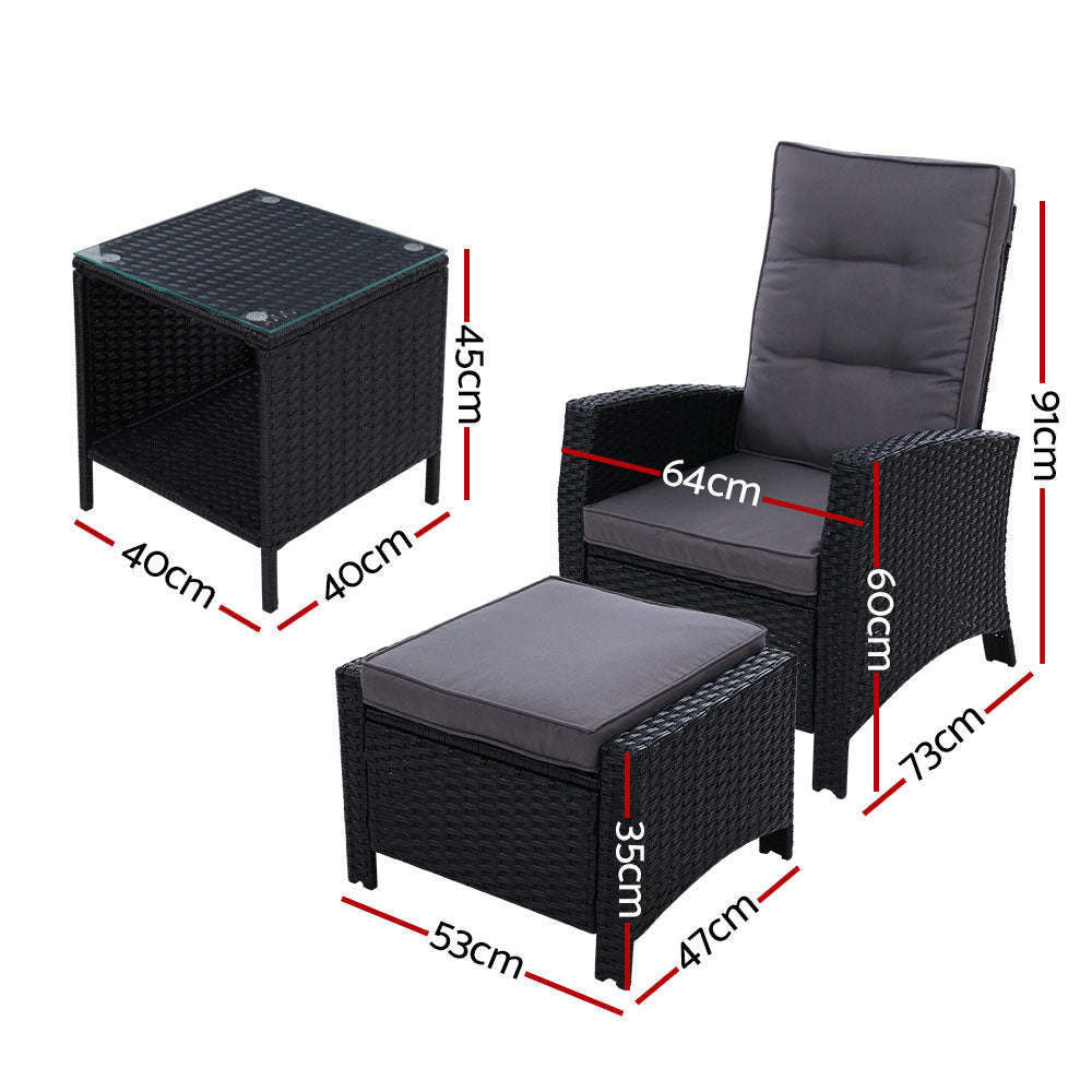 Marlook 5PC Recliner Chairs Table Sun lounge Wicker Outdoor Furniture Adjustable Black