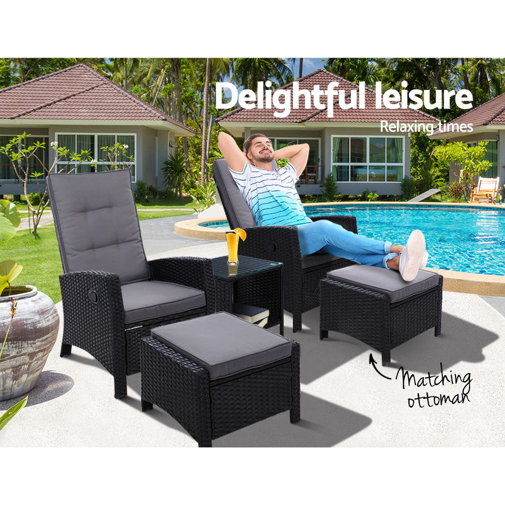 Marlook 5PC Recliner Chairs Table Sun lounge Wicker Outdoor Furniture Adjustable Black