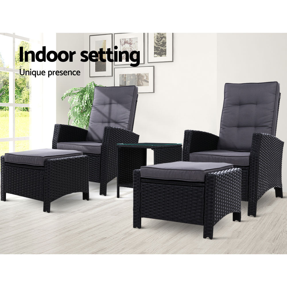 Marlook 5PC Recliner Chairs Table Sun lounge Wicker Outdoor Furniture Adjustable Black