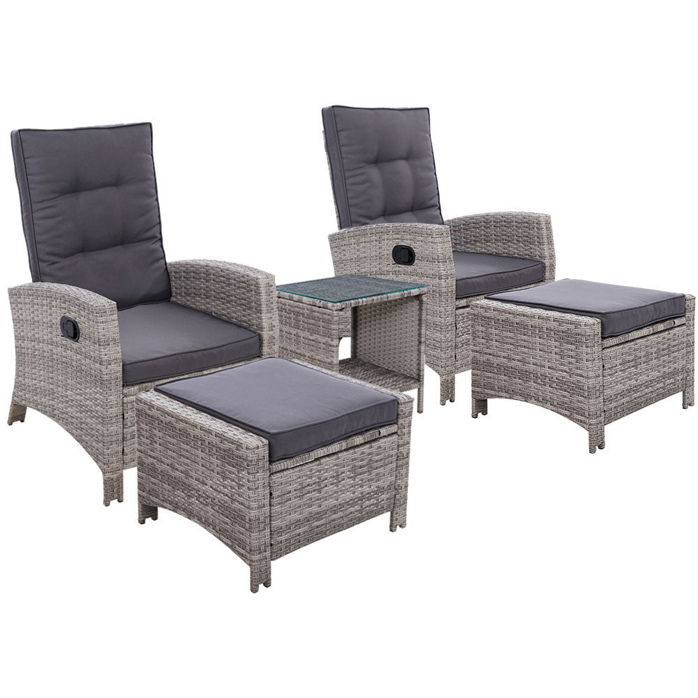 Marlook 5PC Recliner Chairs Table Sun lounge Wicker Outdoor Furniture Adjustable Grey