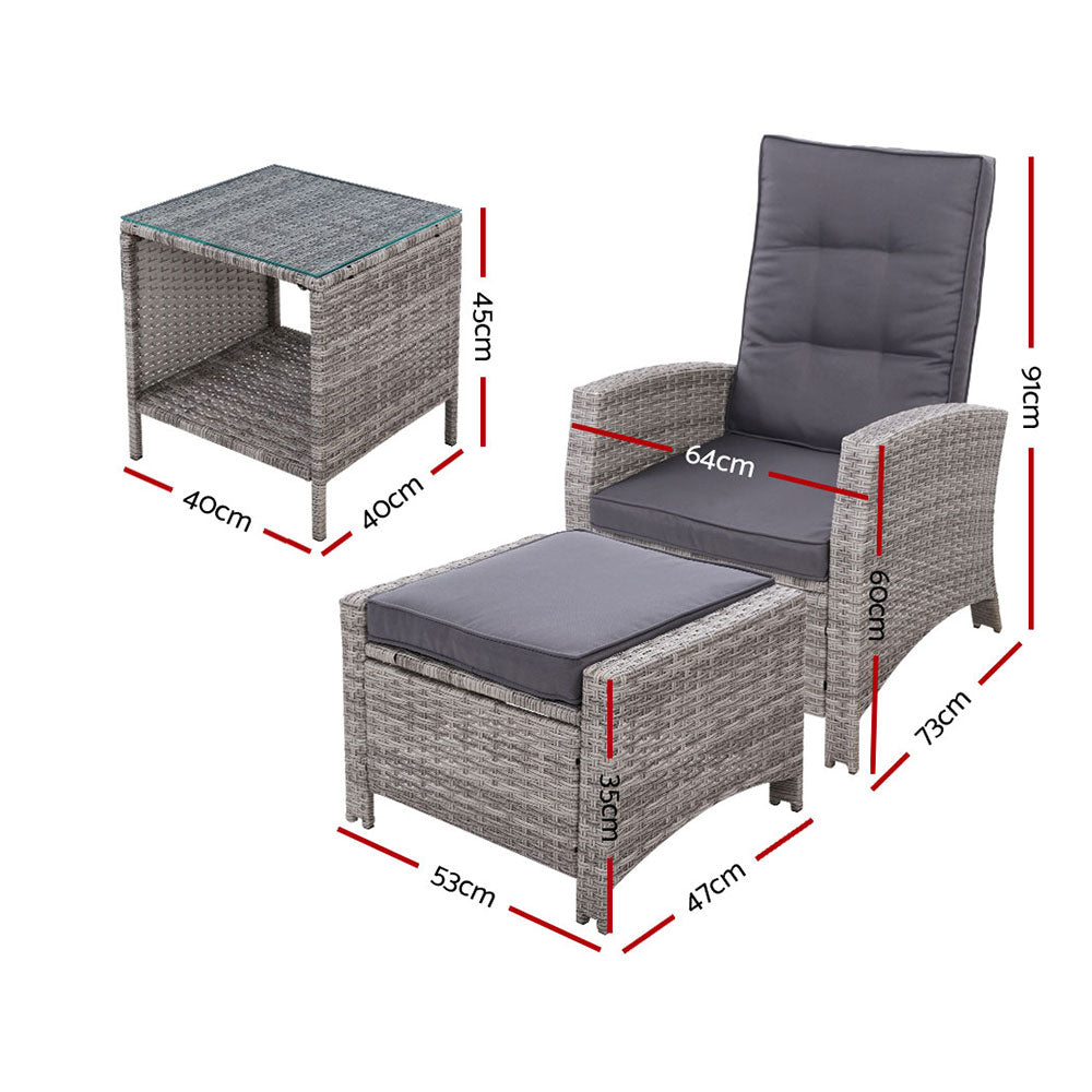 Marlook 5PC Recliner Chairs Table Sun lounge Wicker Outdoor Furniture Adjustable Grey