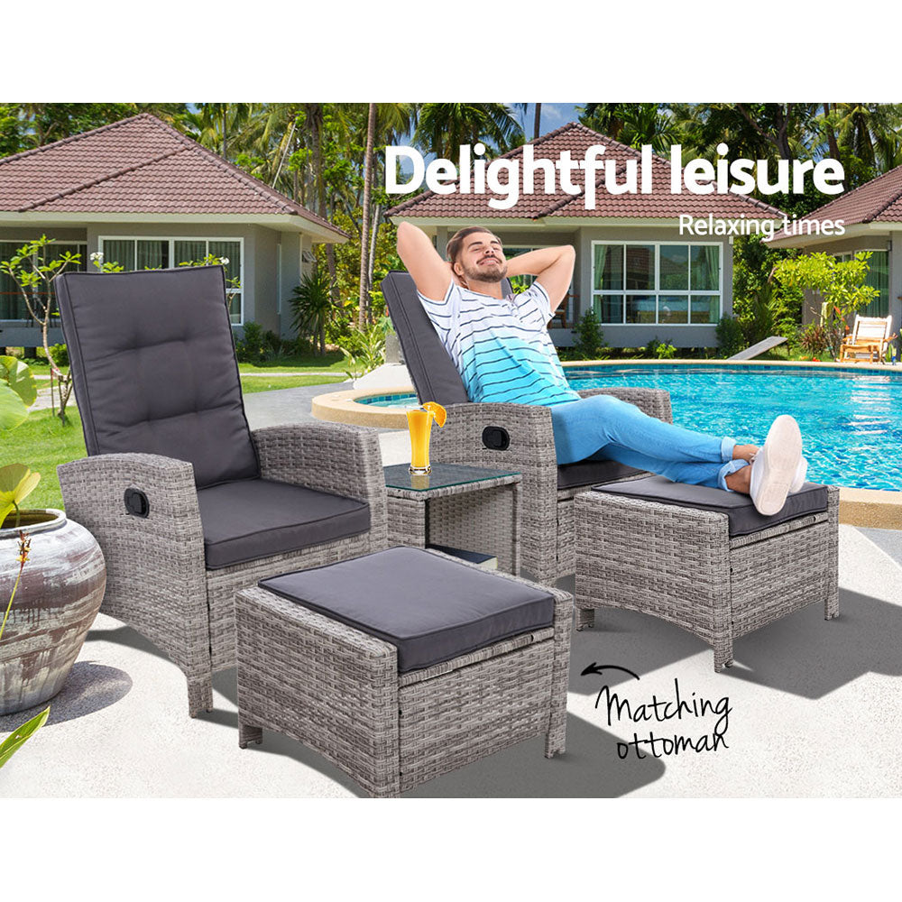 Marlook 5PC Recliner Chairs Table Sun lounge Wicker Outdoor Furniture Adjustable Grey