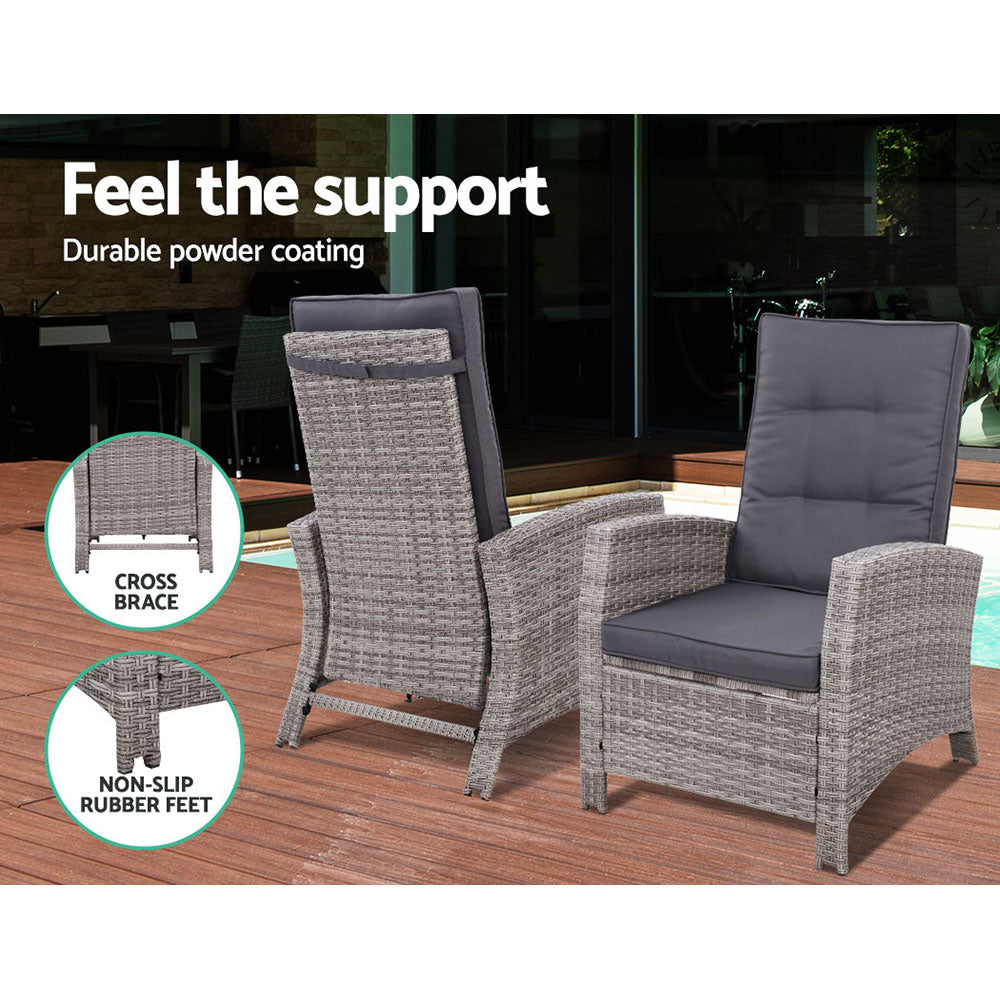 Marlook 5PC Recliner Chairs Table Sun lounge Wicker Outdoor Furniture Adjustable Grey