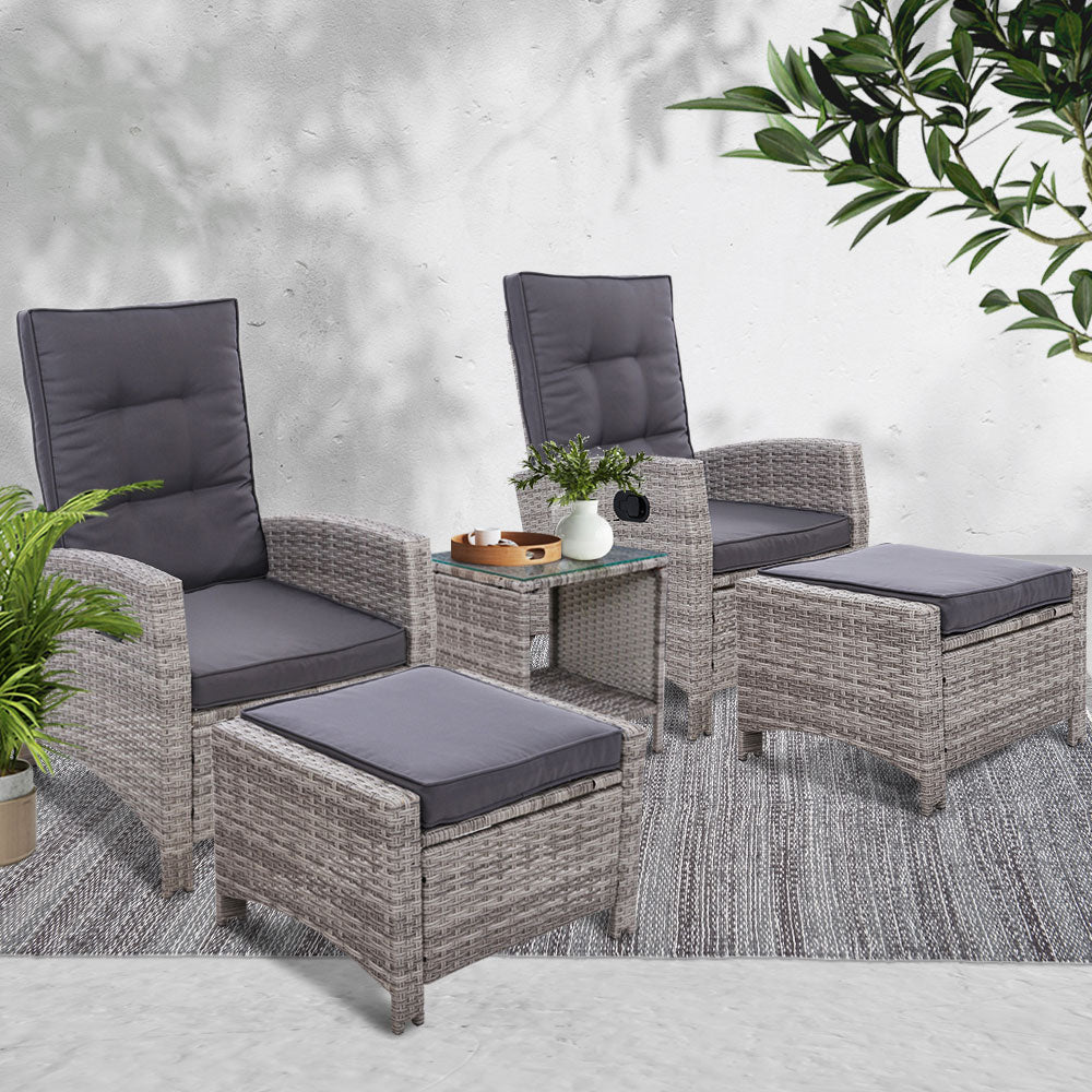 Marlook 5PC Recliner Chairs Table Sun lounge Wicker Outdoor Furniture Adjustable Grey