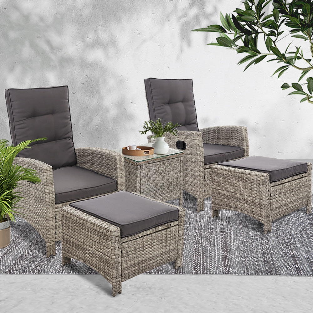Marlook 5PC Recliner Chairs Table Sun lounge Wicker Outdoor Furniture Adjustable Grey
