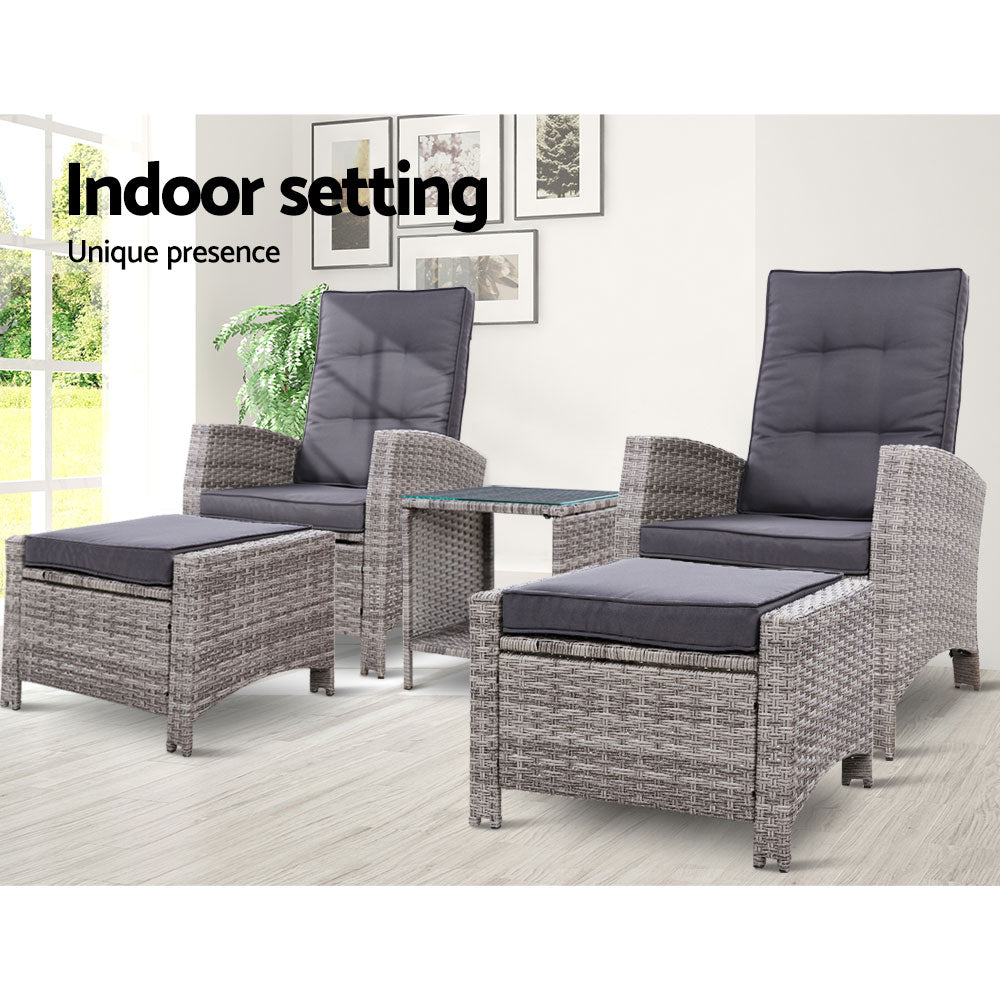 Marlook 5PC Recliner Chairs Table Sun lounge Wicker Outdoor Furniture Adjustable Grey