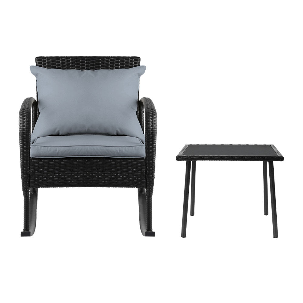 Marlook 3PC Rocking Chair Table Wicker Outdoor Furniture Patio Bistro Set Black