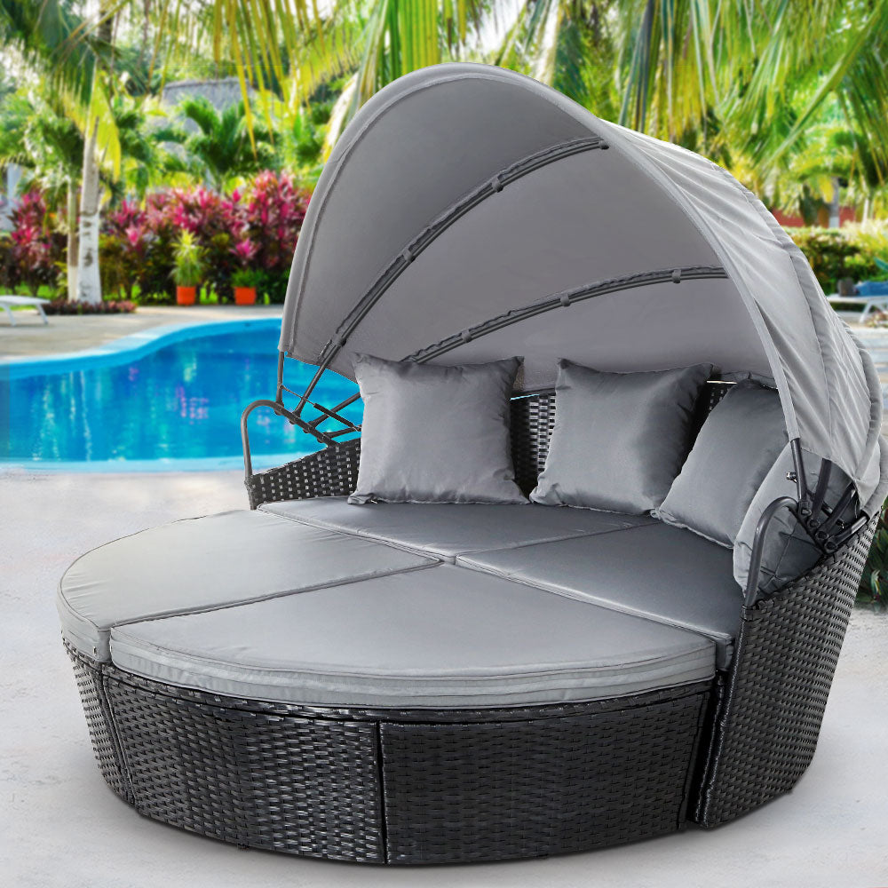 Marlook Sun Lounge Setting Wicker Lounger Day Bed Outdoor Furniture Patio Black