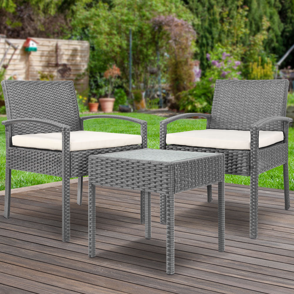 Marlook 3PC Patio Furniture Bistro Set Wicker Outdoor Lounge Setting Grey