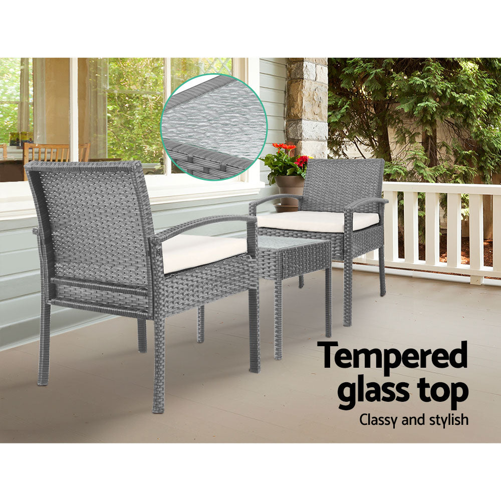 Marlook 3PC Patio Furniture Bistro Set Wicker Outdoor Lounge Setting Grey