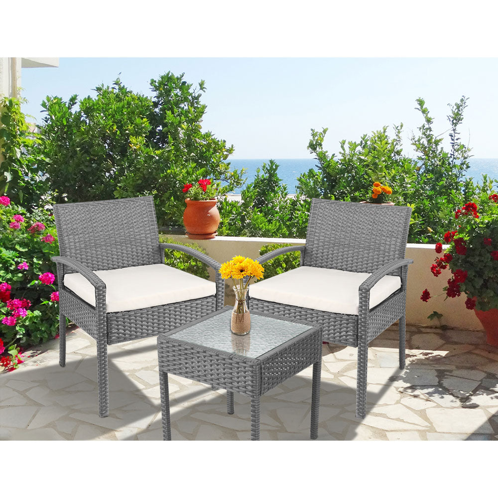 Marlook 3PC Patio Furniture Bistro Set Wicker Outdoor Lounge Setting Grey
