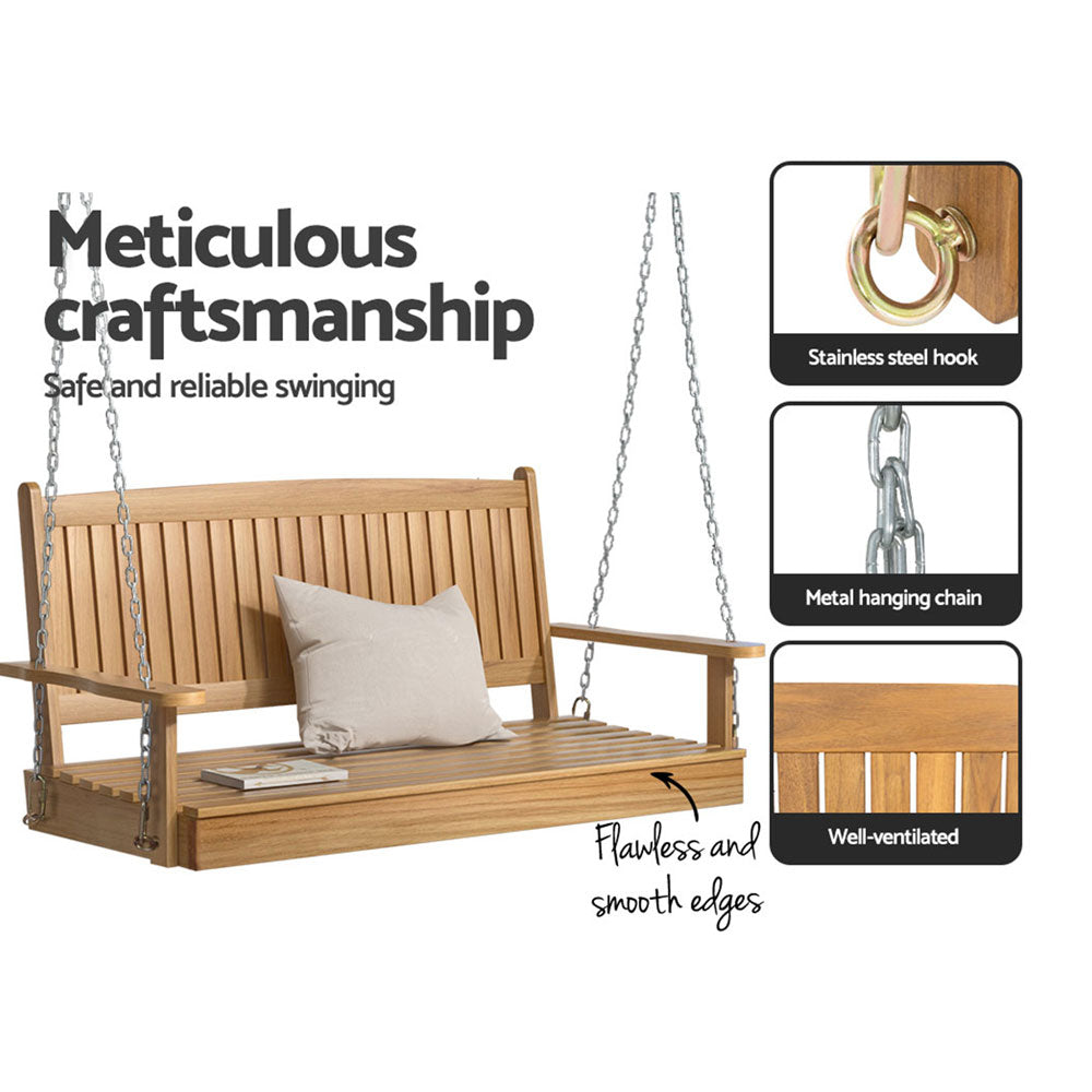 Marlook Porch Swing Chair With Chain Outdoor Furniture Wooden Bench 2 Seat Teak