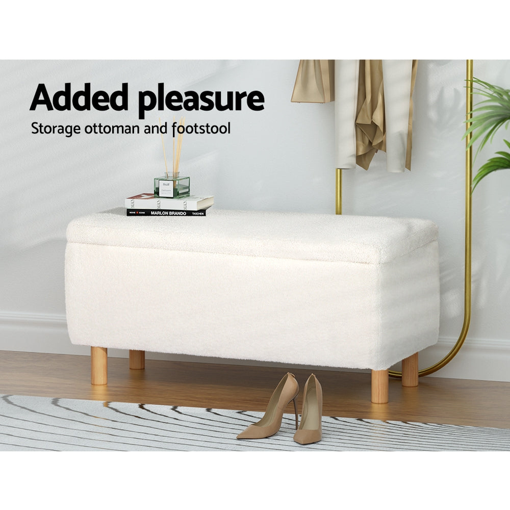 Marlook Storage Ottoman Blanket Box 99cm Teddy Fabric White