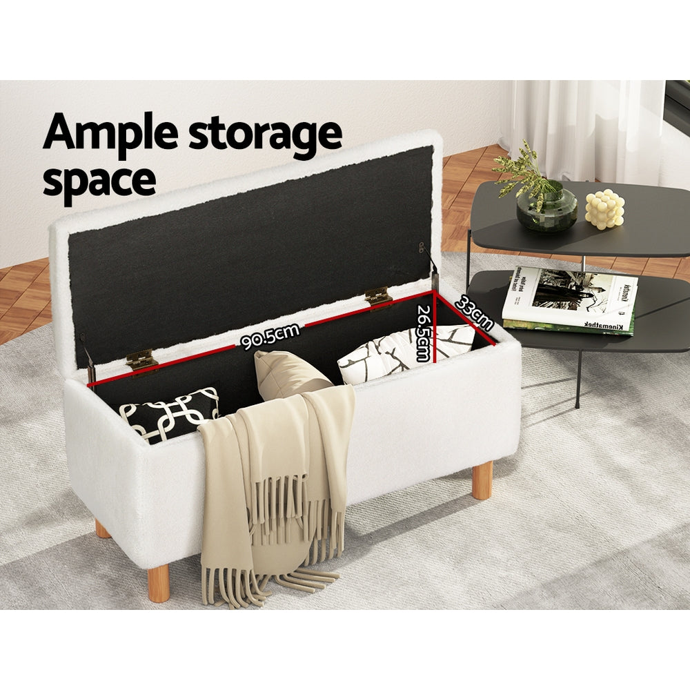 Marlook Storage Ottoman Blanket Box 99cm Teddy Fabric White