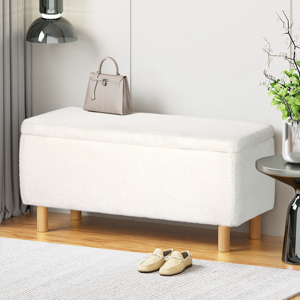 Marlook Storage Ottoman Blanket Box 99cm Teddy Fabric White