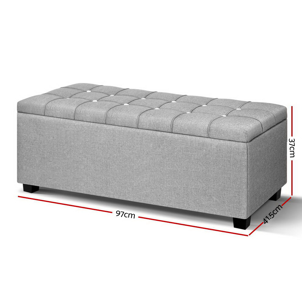Marlook Storage Ottoman Blanket Box 97cm Button Linen Grey