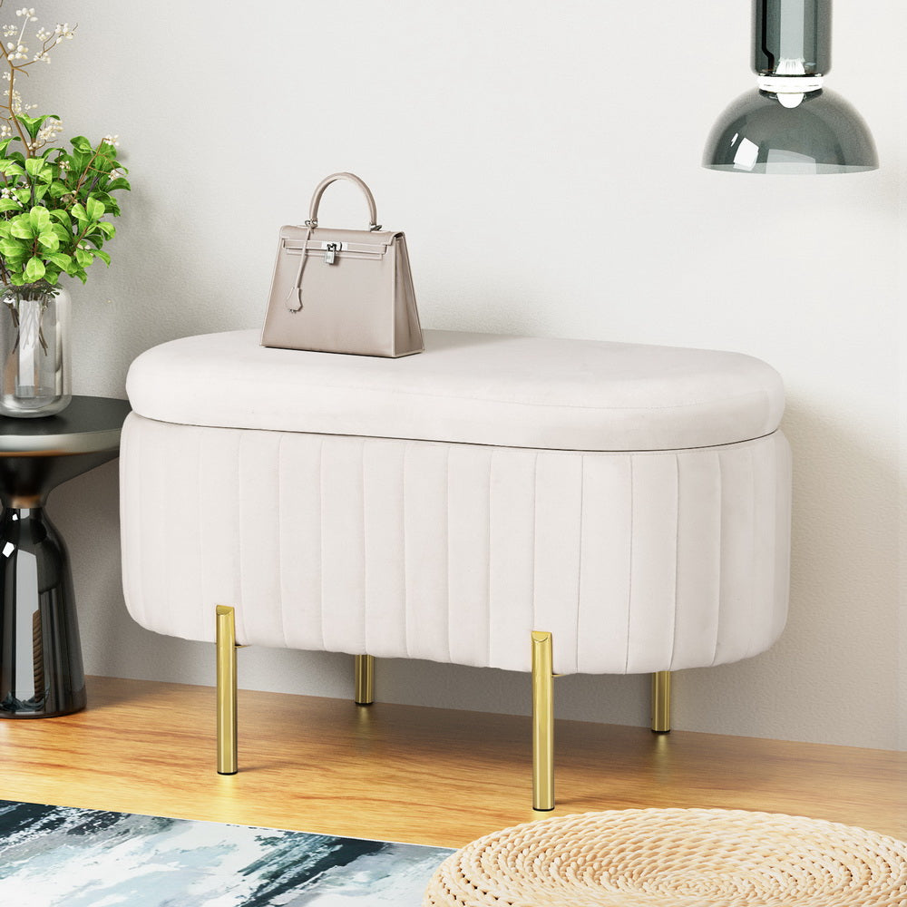 Marlook Storage Ottoman Blanket Box 87cm Velvet Oval White