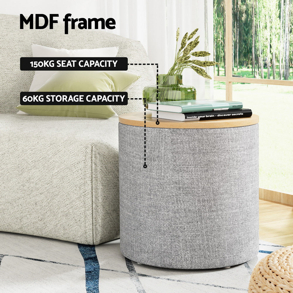 Marlook Storage Ottoman Blanket Box 40cm Linen Round Grey