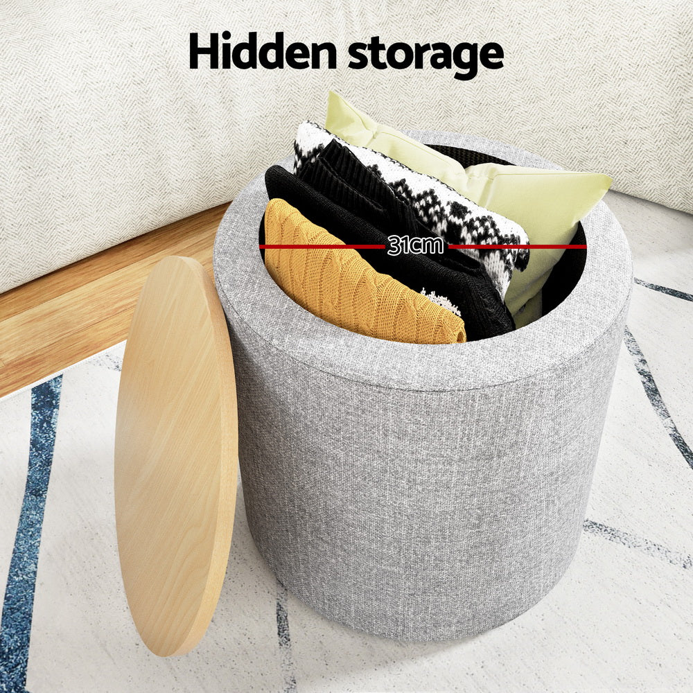 Marlook Storage Ottoman Blanket Box 40cm Linen Round Grey