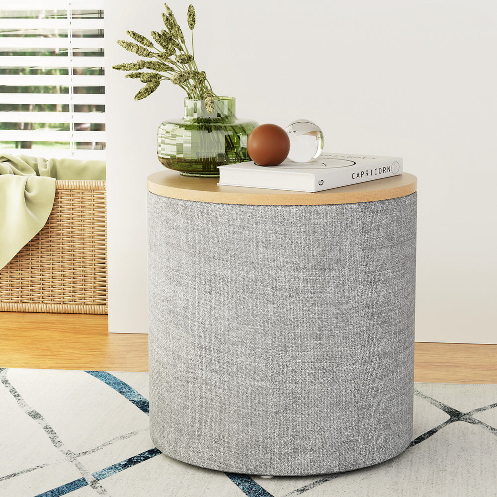 Marlook Storage Ottoman Blanket Box 40cm Linen Round Grey