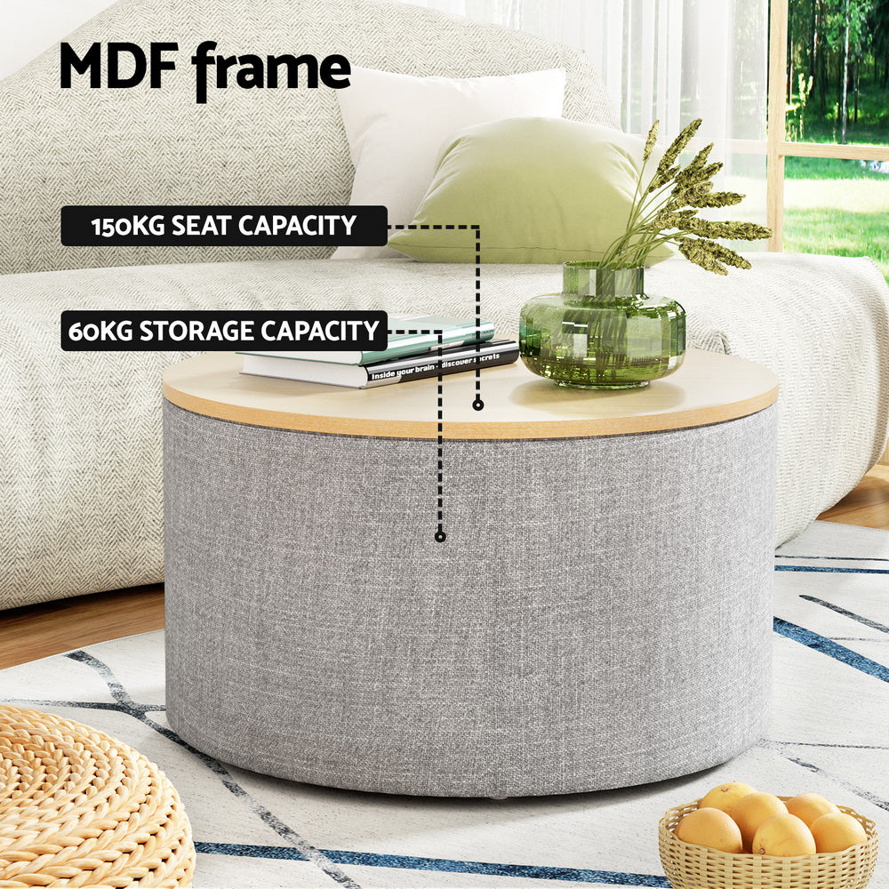 Marlook Storage Ottoman Blanket Box 60cm Linen Round Grey
