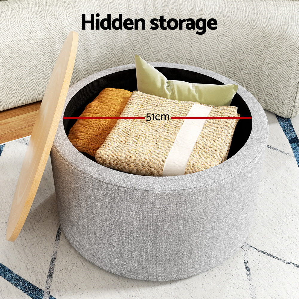 Marlook Storage Ottoman Blanket Box 60cm Linen Round Grey