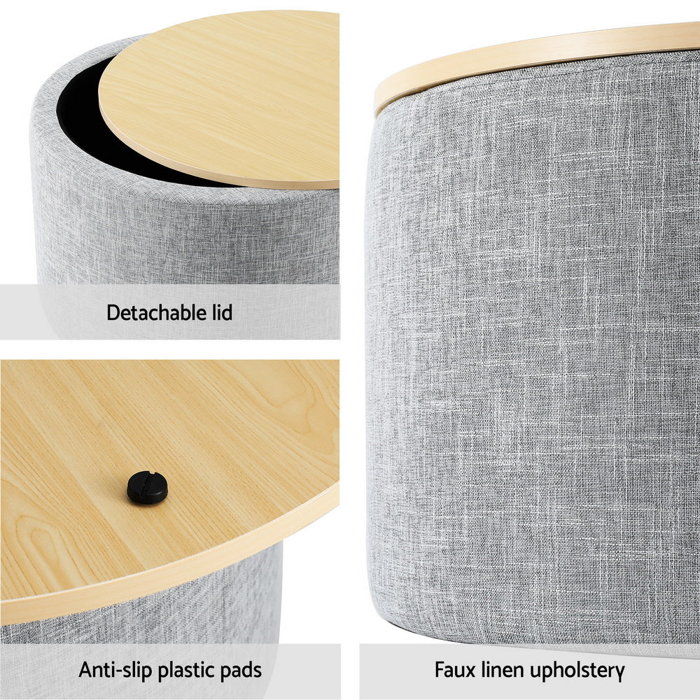 Marlook Storage Ottoman Blanket Box 60cm Linen Round Grey