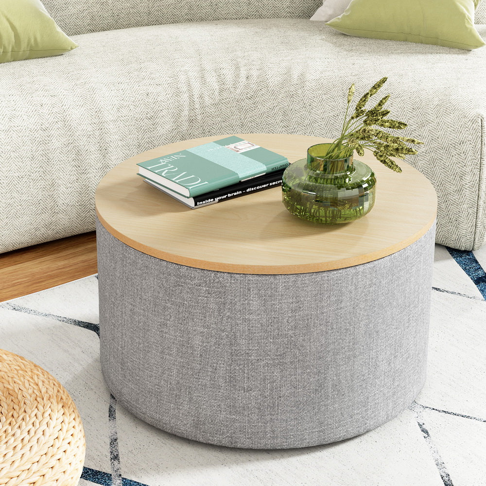 Marlook Storage Ottoman Blanket Box 60cm Linen Round Grey