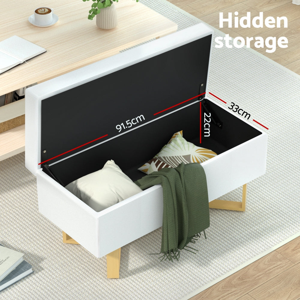 Marlook Storage Ottoman Blanket Box Criss-cross Linen White