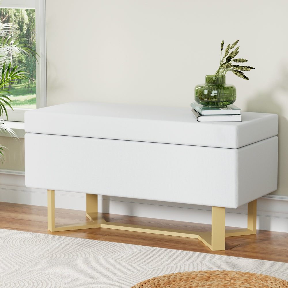 Marlook Storage Ottoman Blanket Box Criss-cross Linen White