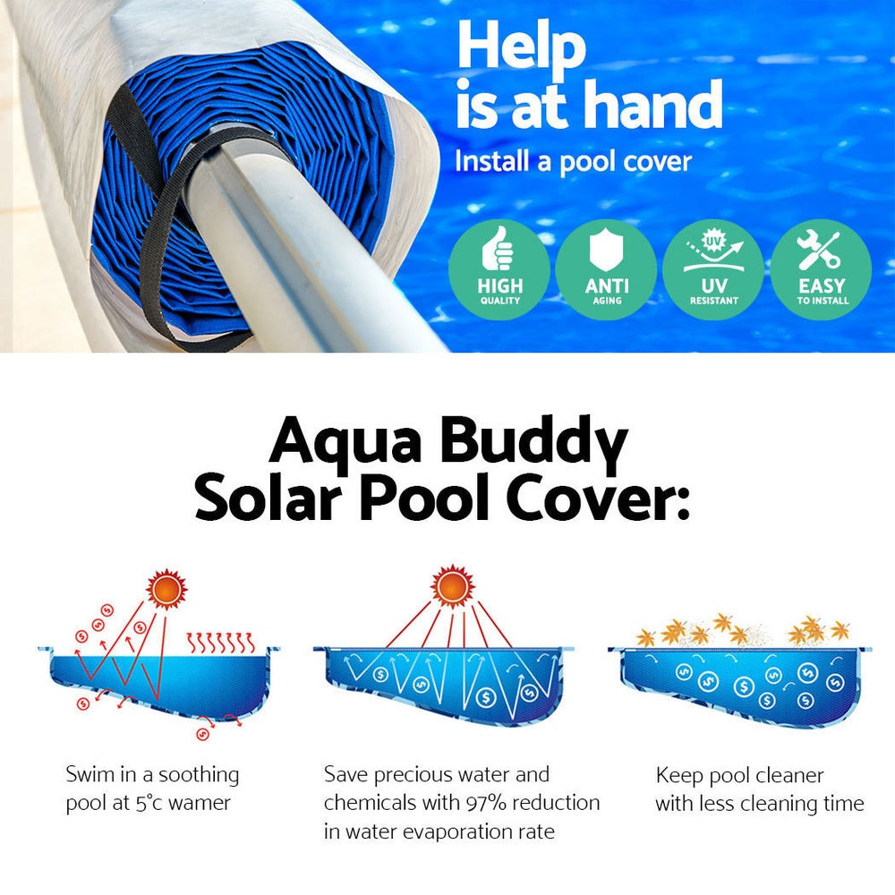 Marlook Pool Cover 6.5x3m 400 Micron Silver Swimming Pool Solar Blanket 5.5m Blue Roller