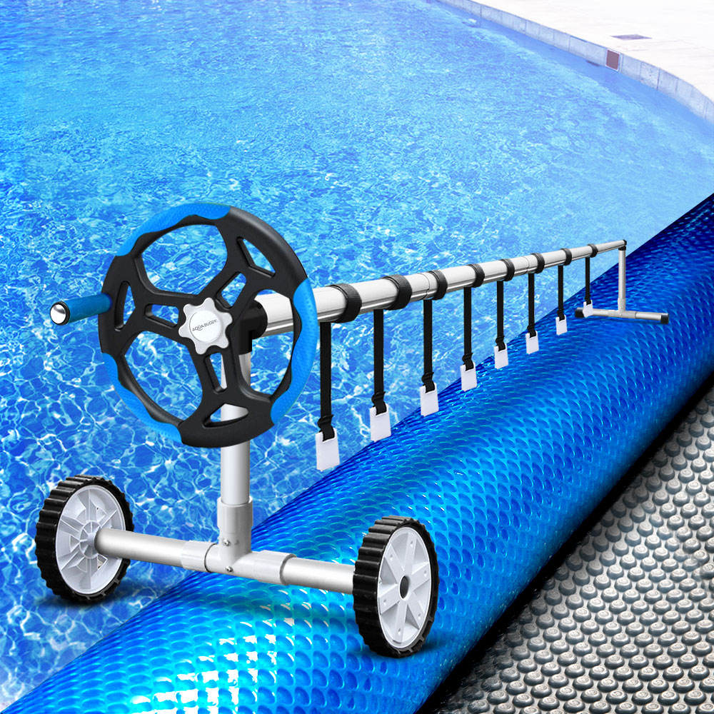 Marlook Pool Cover 6.5x3m 400 Micron Silver Swimming Pool Solar Blanket 5.5m Blue Roller