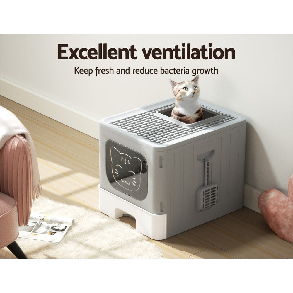 Marlook Cat Litter Box Large Tray Kitty Toilet Enclosed Hooded Foldable Scoop Grey