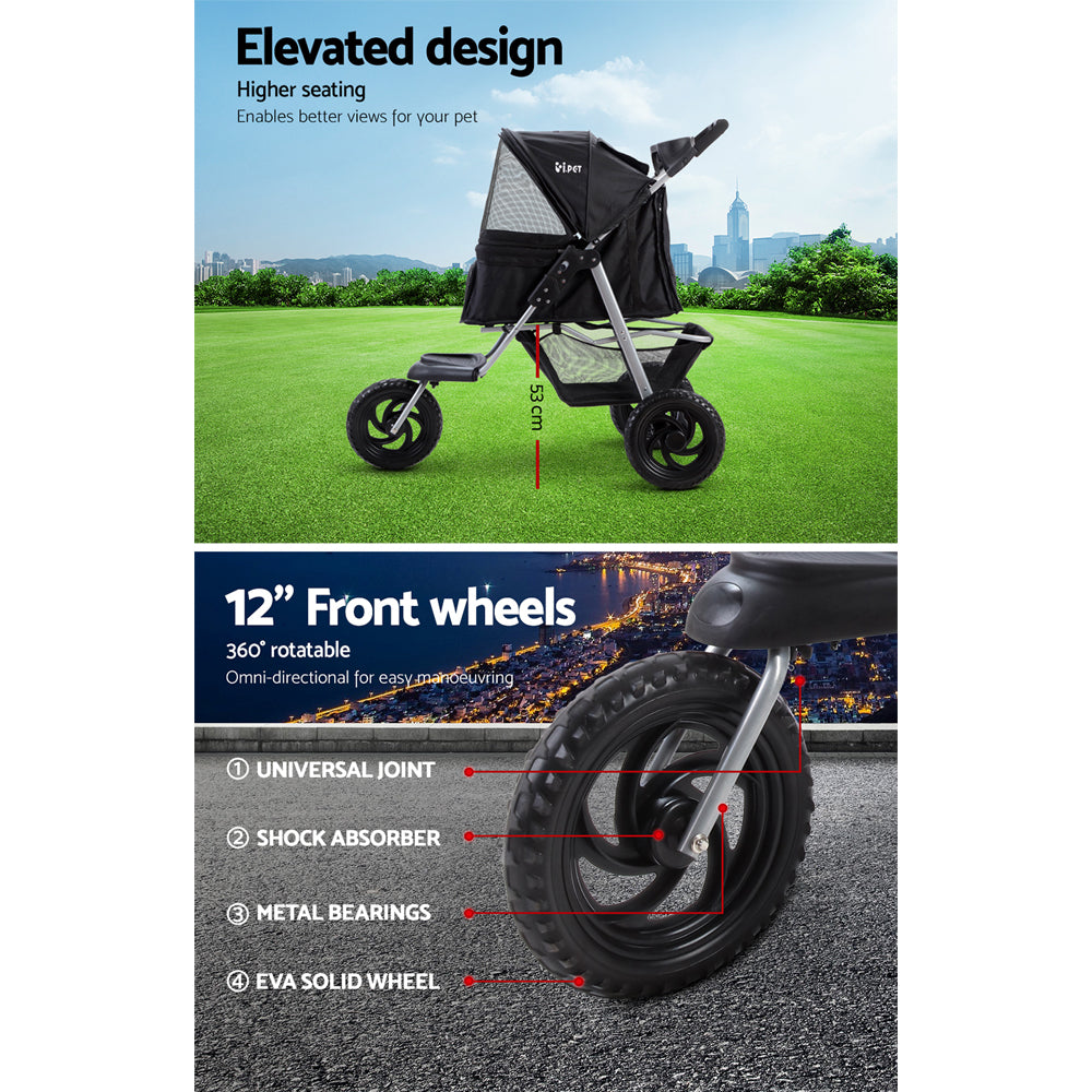 Marlook Pet Stroller Dog Pram Large Cat Carrier Travel 3 Wheels Foldable Pushchair