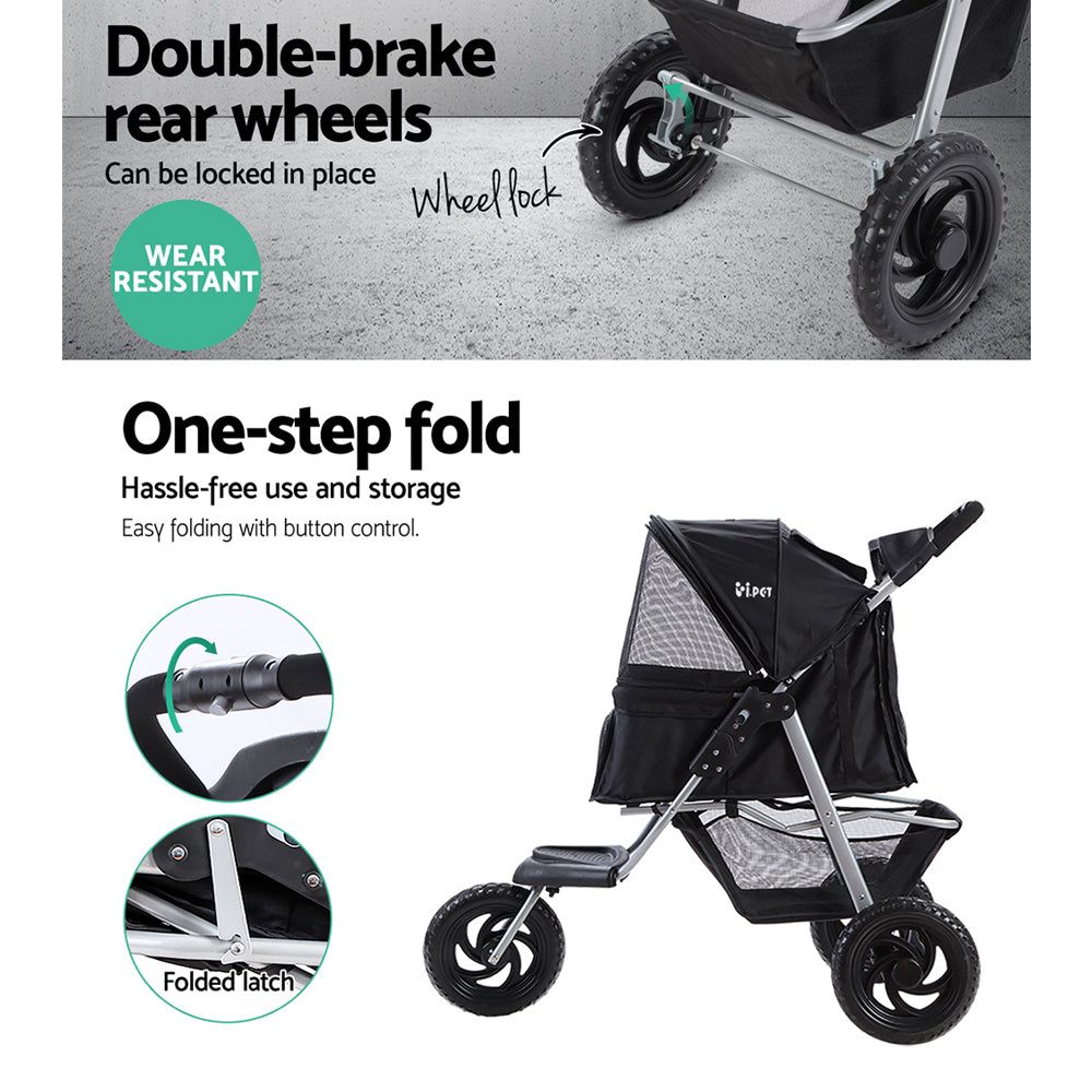 Marlook Pet Stroller Dog Pram Large Cat Carrier Travel 3 Wheels Foldable Pushchair