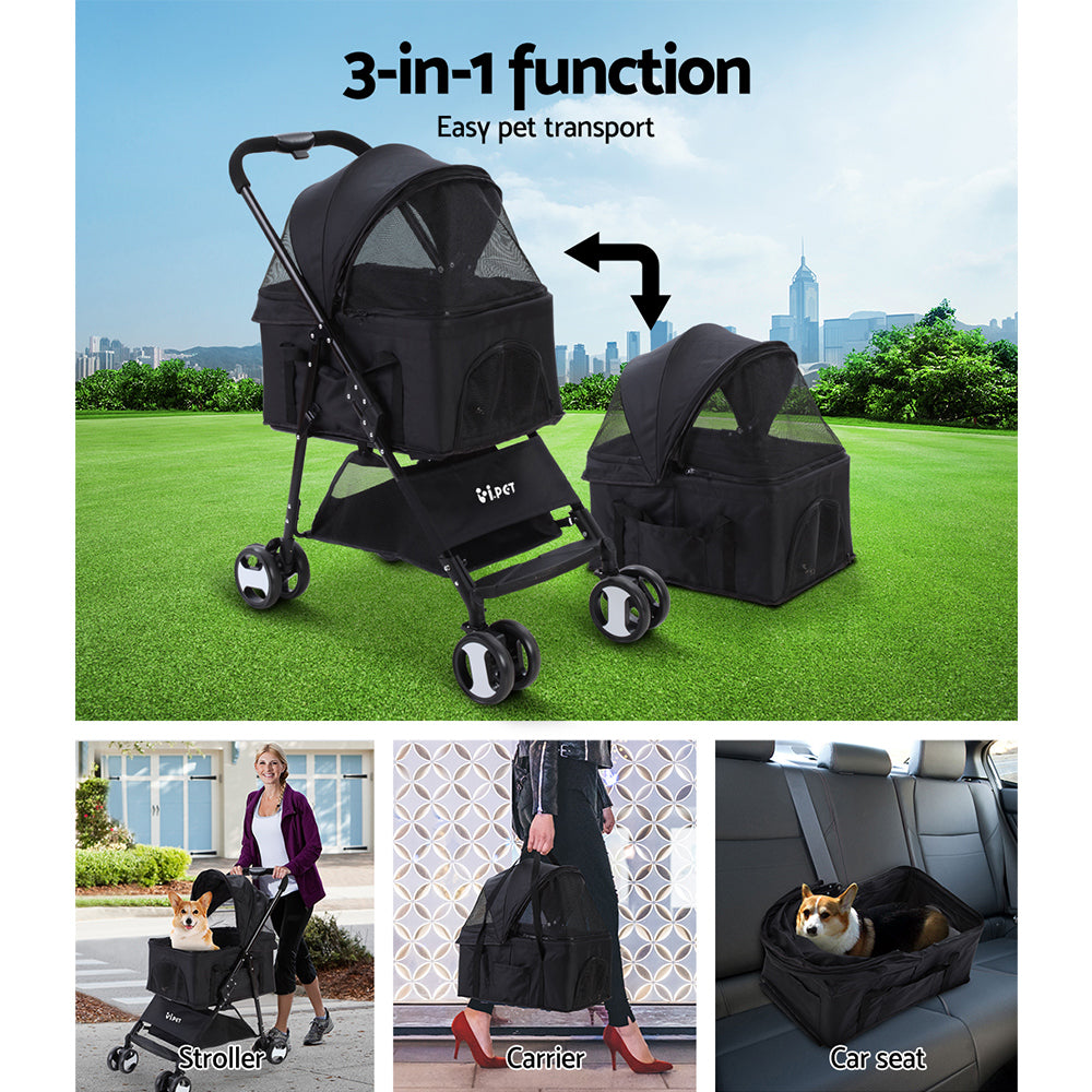 Marlook Pet Stroller Dog Pram Cat Carrier Travel Large Pushchair Foldable 4 Wheels Black