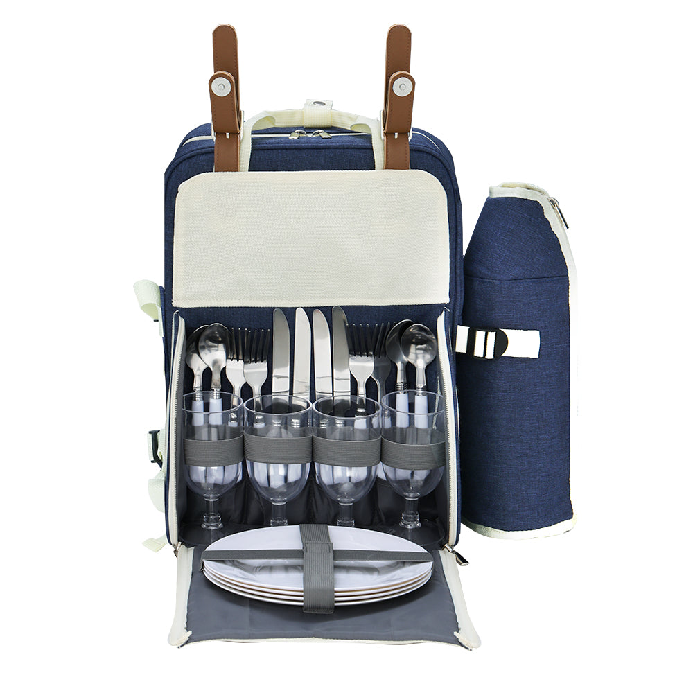 Marlook 4 Person Picnic Basket Set Backpack Bag Insulated Blue