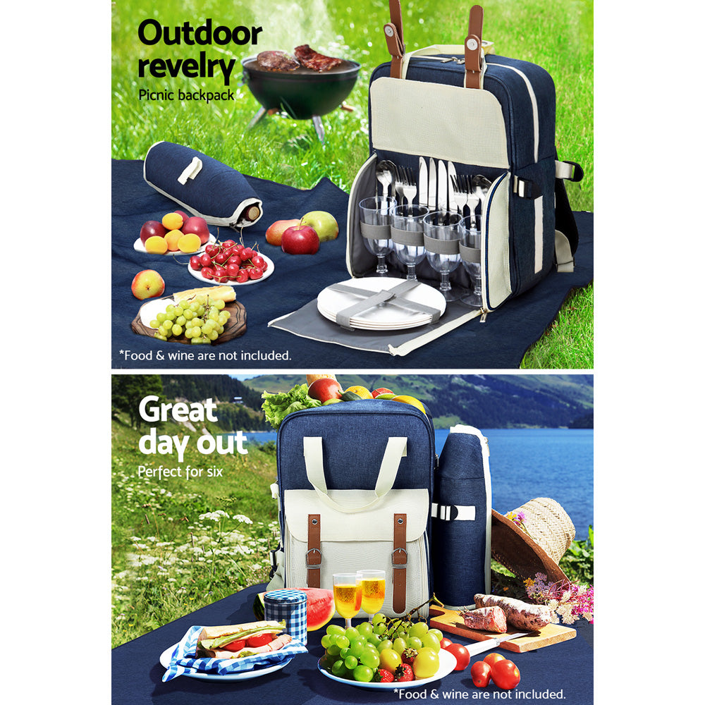 Marlook 4 Person Picnic Basket Set Backpack Bag Insulated Blue