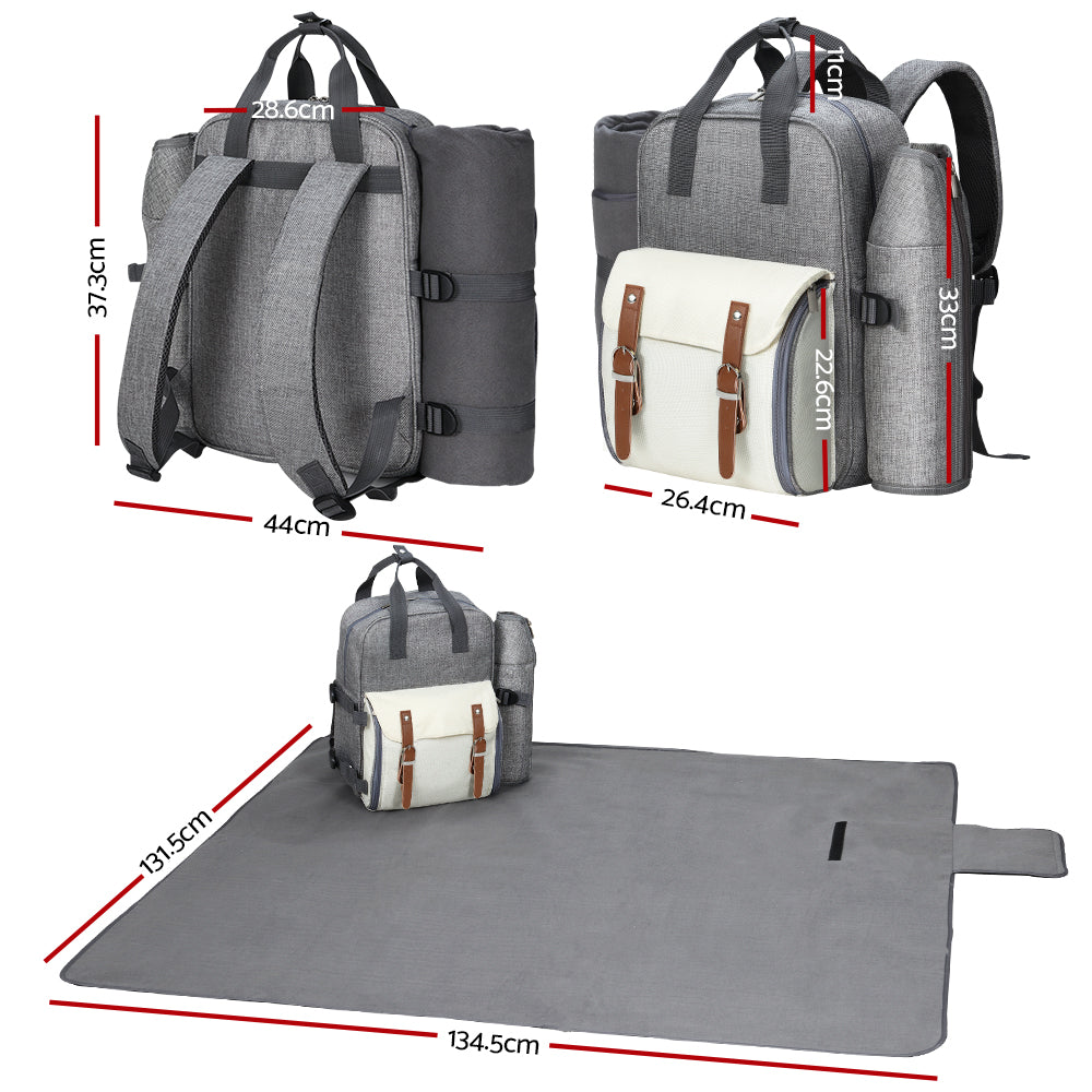 Marlook 4 Person Picnic Basket Set Backpack Bag Insulated Grey