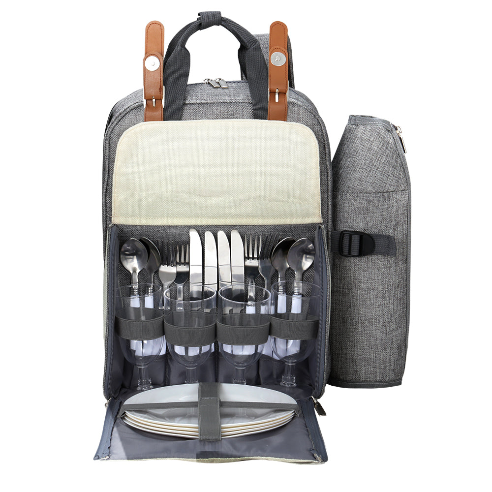 Marlook 4 Person Picnic Basket Set Backpack Bag Insulated Grey