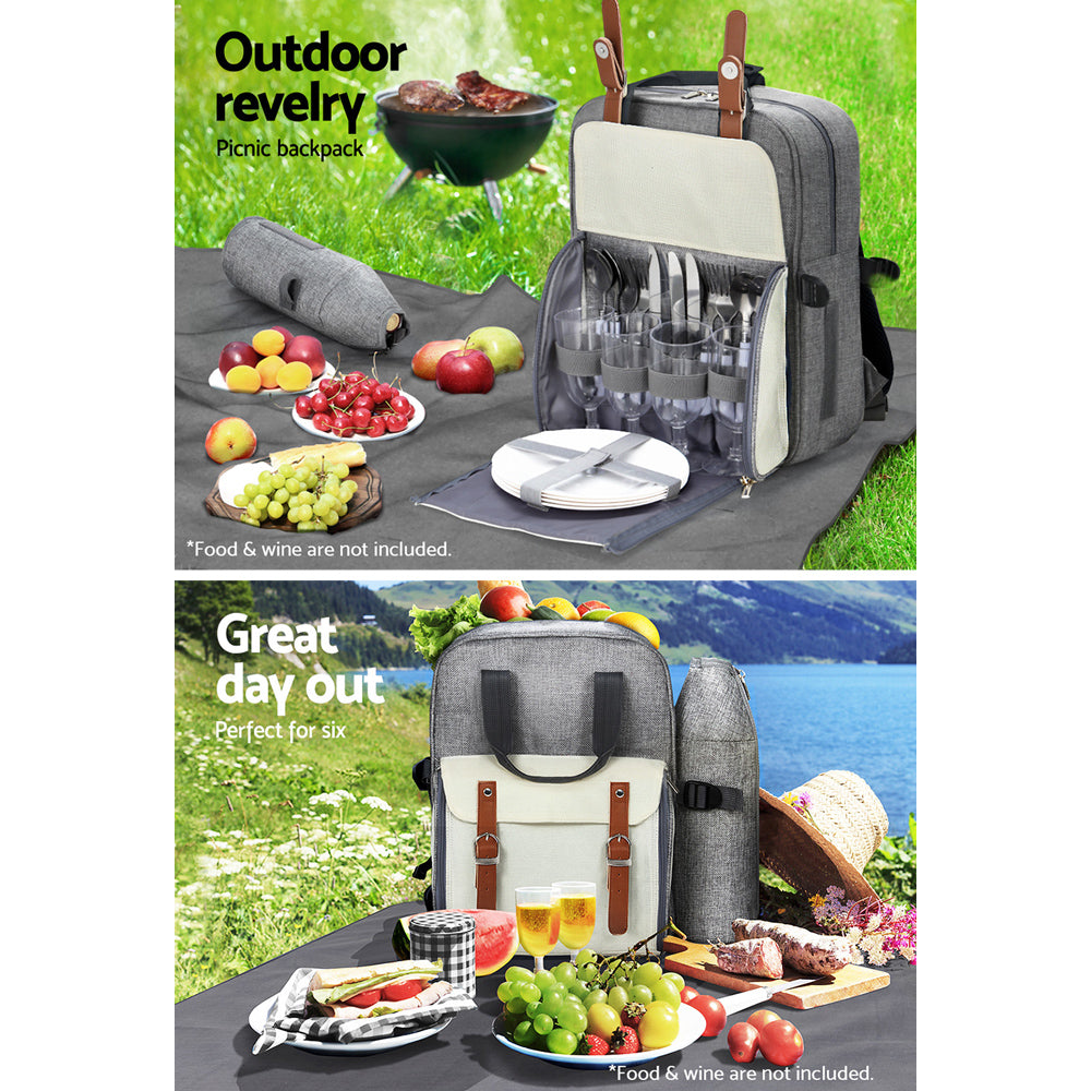 Marlook 4 Person Picnic Basket Set Backpack Bag Insulated Grey