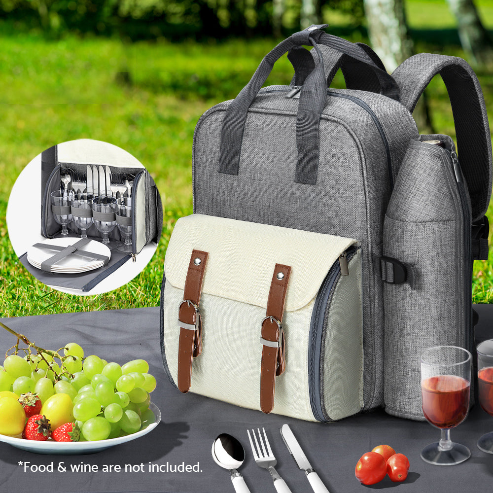 Marlook 4 Person Picnic Basket Set Backpack Bag Insulated Grey