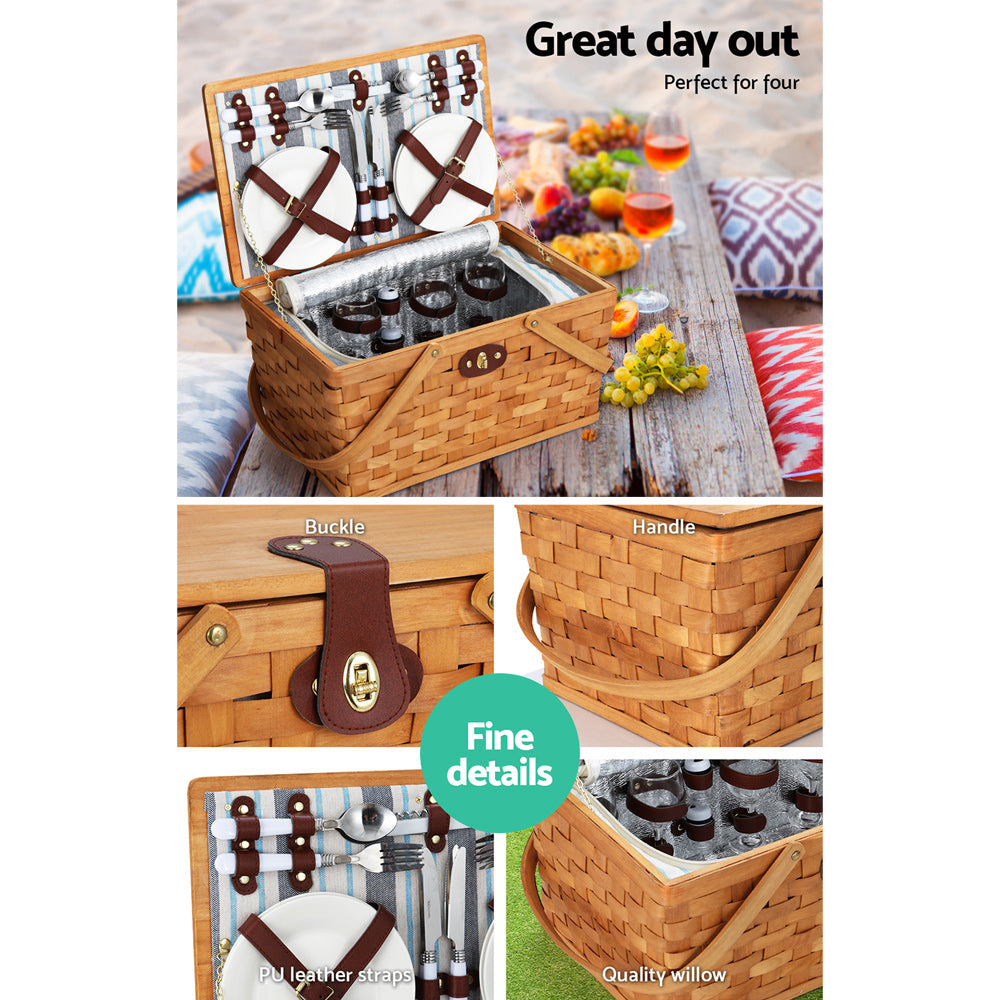 Marlook 4 Person Picnic Basket Set Wooden Blanket Bag Insulated